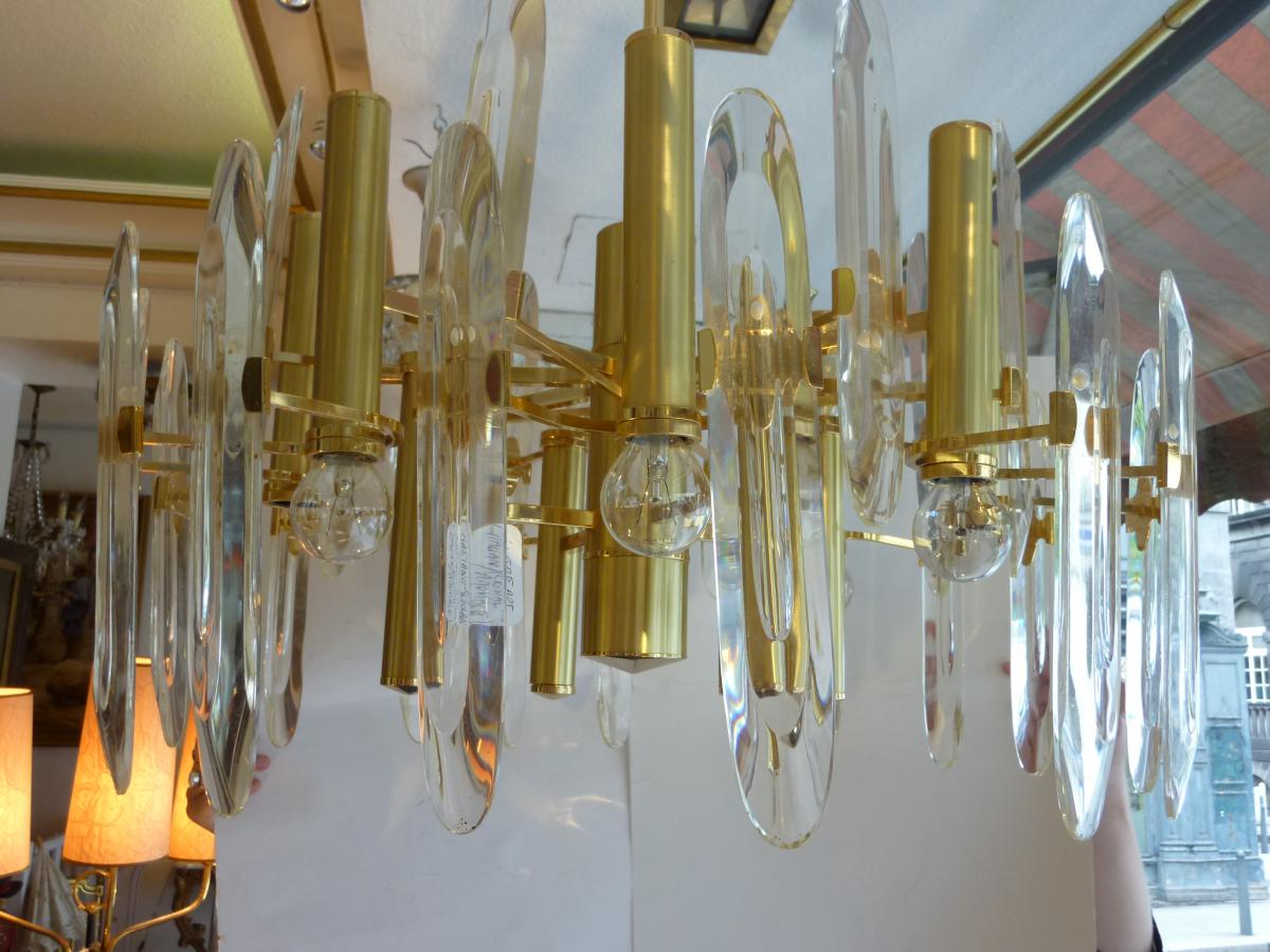 Gaetano Sciolari, Chandelier Brass And Crystal, 1969