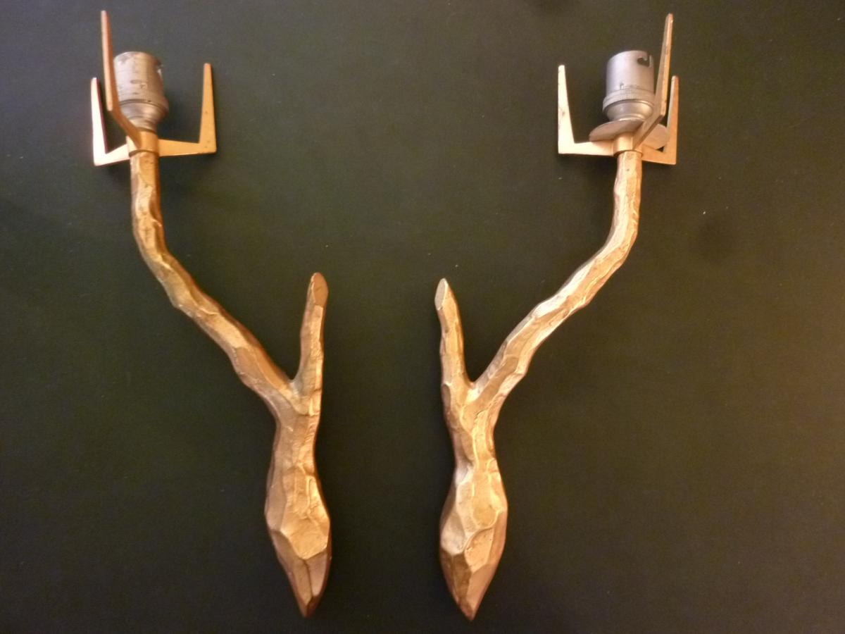 Appliques Attribuées à Félix Agostini En Bronze Doré Patiné 1960