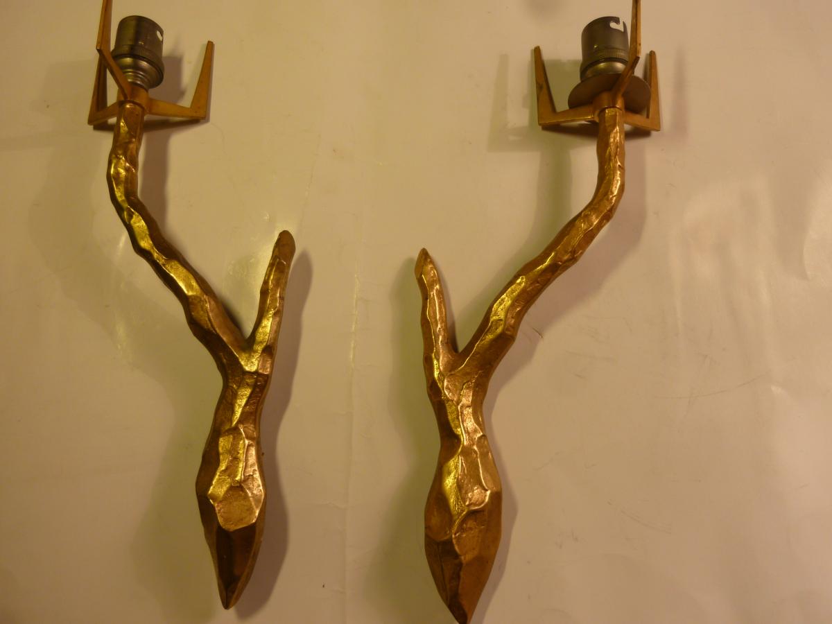 Appliques Attribuées à Félix Agostini En Bronze Doré Patiné 1960-photo-6