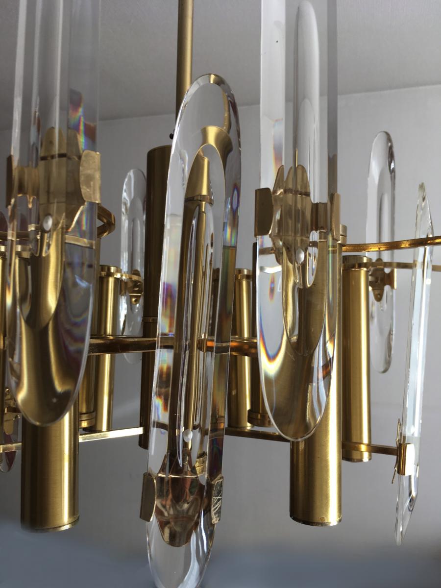 Gaetano Sciolari Paire de Lustres Laiton Et Cristal 1960-photo-4