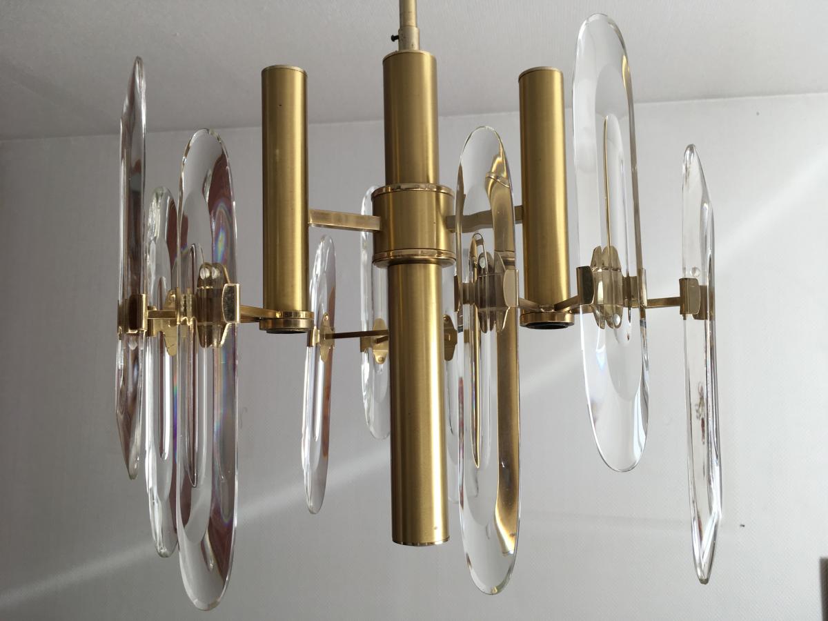 Gaetano Sciolari Paire de Lustres Laiton Et Cristal 1960-photo-2