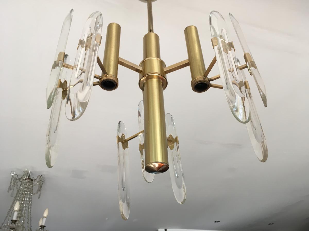 Gaetano Sciolari Paire de Lustres Laiton Et Cristal 1960-photo-3