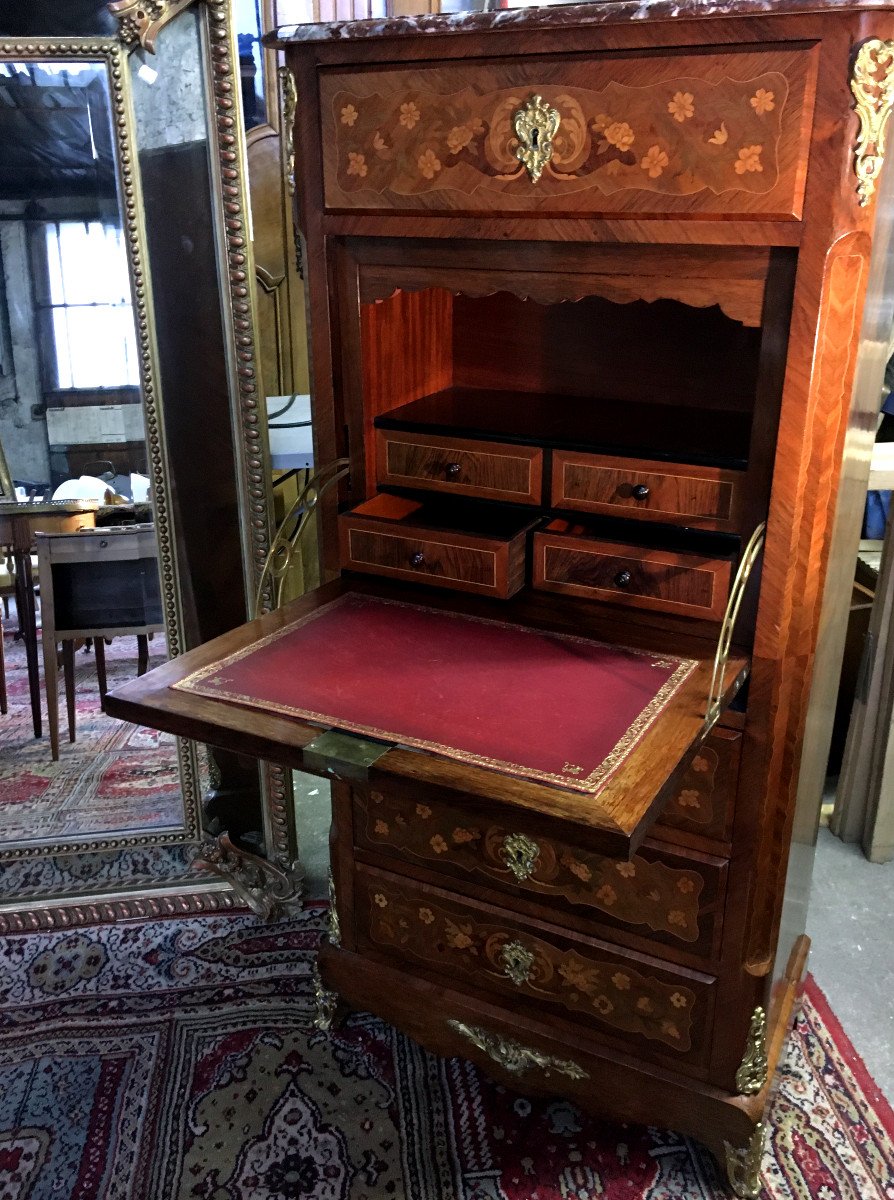 Secretary Napoleon III Style Louis XV Marquetry Rosewood And Rosewood-photo-2