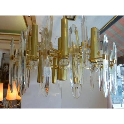 Gaetano Sciolari, Chandelier Brass And Crystal, 1969