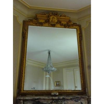 Grand Miroir Bois Et Stuc Doré à La Feuille Style Louis XVI 19ème Siècle 