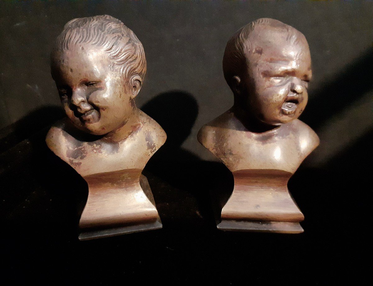 Pair Of Small Bronze Bust Of Child Jean Who Laughs And Jean Who Cries I-photo-2