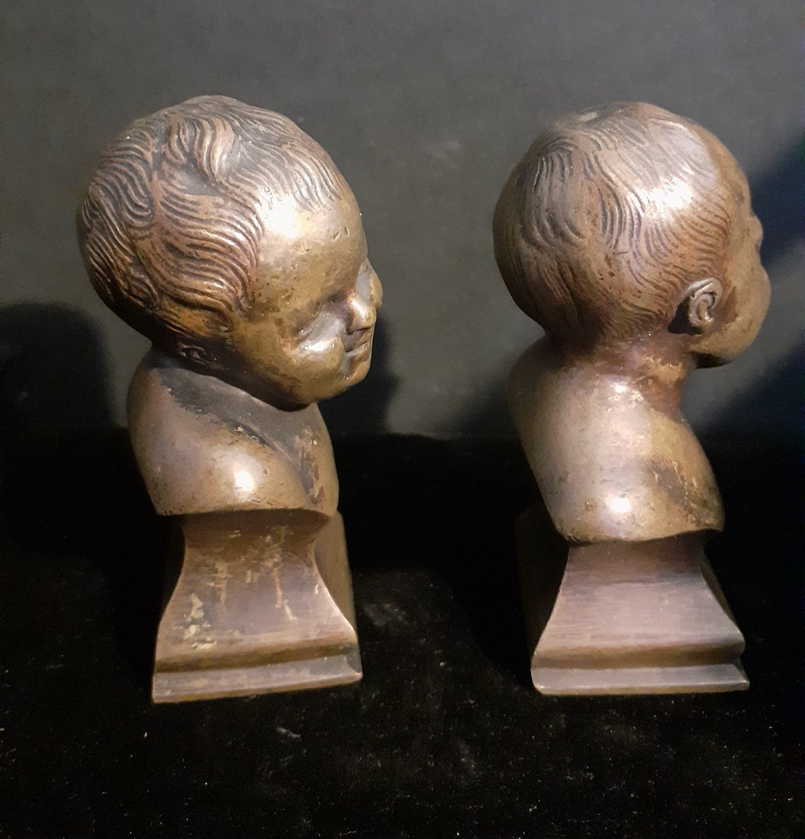 Pair Of Small Bronze Bust Of Child Jean Who Laughs And Jean Who Cries I-photo-3