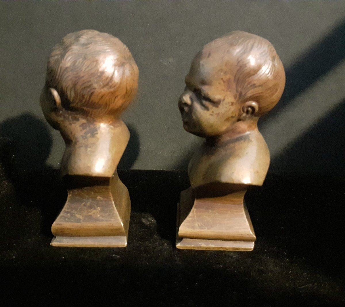 Pair Of Small Bronze Bust Of Child Jean Who Laughs And Jean Who Cries I-photo-6