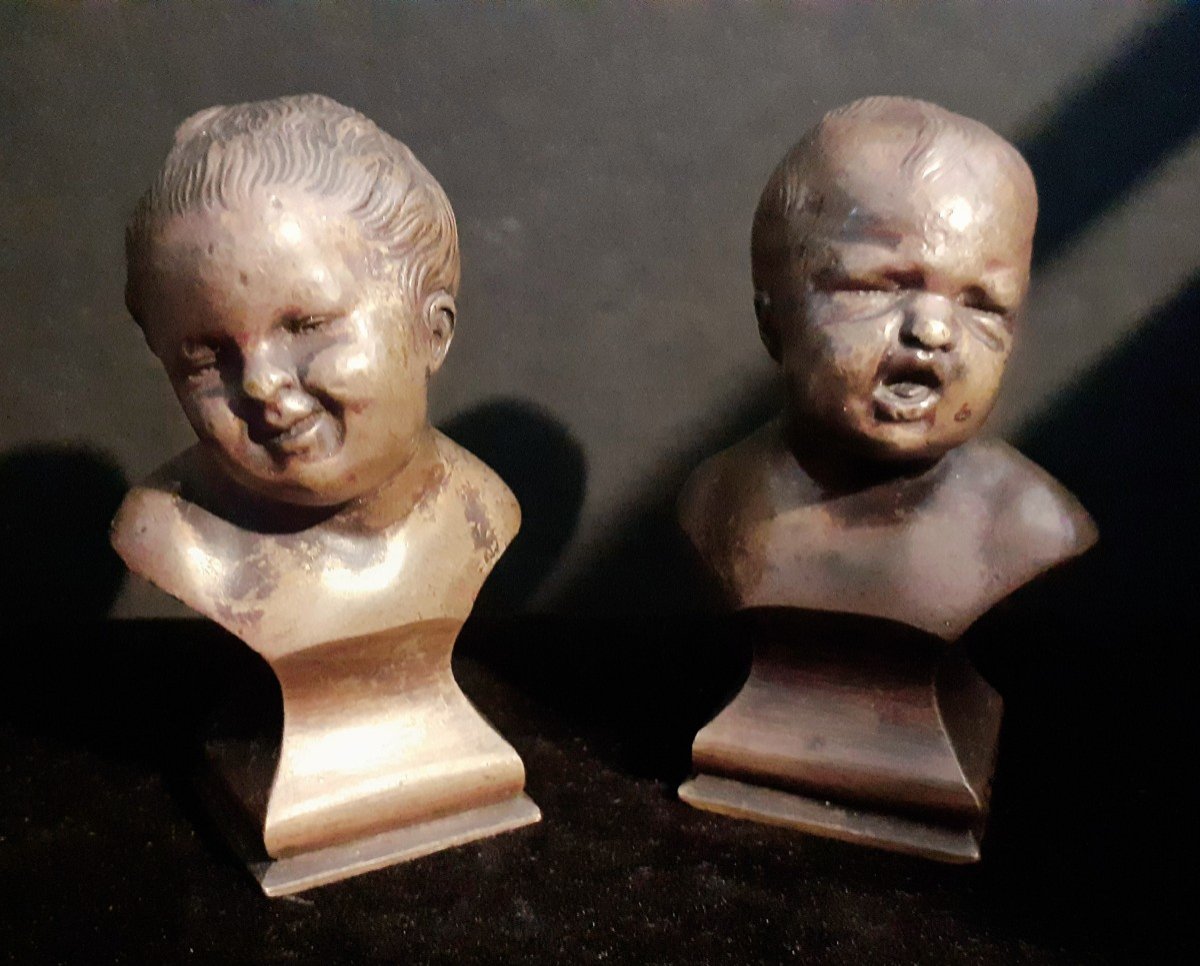 Pair Of Small Bronze Bust Of Child Jean Who Laughs And Jean Who Cries I