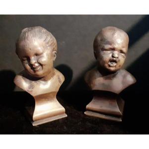 2 Petits Bustes Bronzes d' Enfant Jean Qui Rit Et Jean Qui Pleure 19ème 