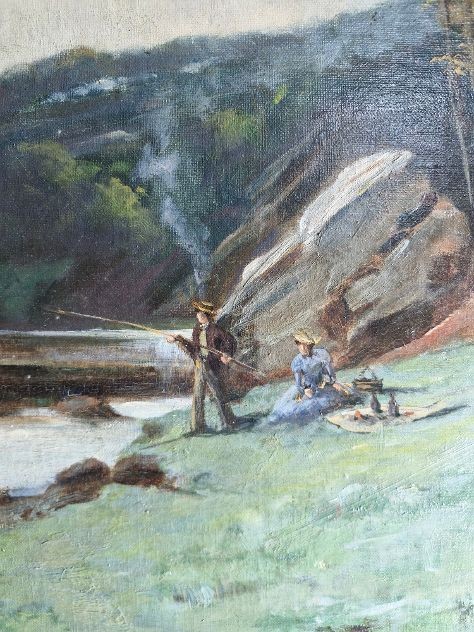 Landscape With Picnic On The River Bank. Oil On Canvas, Size 54x73 Cm, Frame 73x94 Cm-photo-2