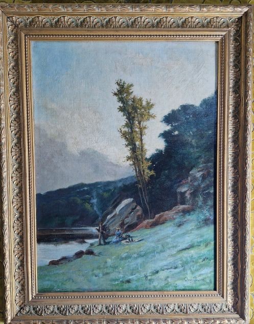 Landscape With Picnic On The River Bank. Oil On Canvas, Size 54x73 Cm, Frame 73x94 Cm