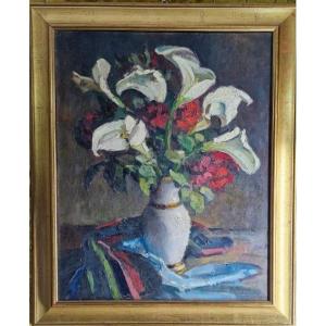 Pot de fleurs Calla (Zantedeschia) signé Payen