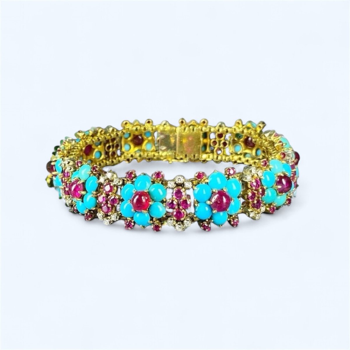 Vintage Gold, Ruby, Turquoise And Diamond Bracelet-photo-1