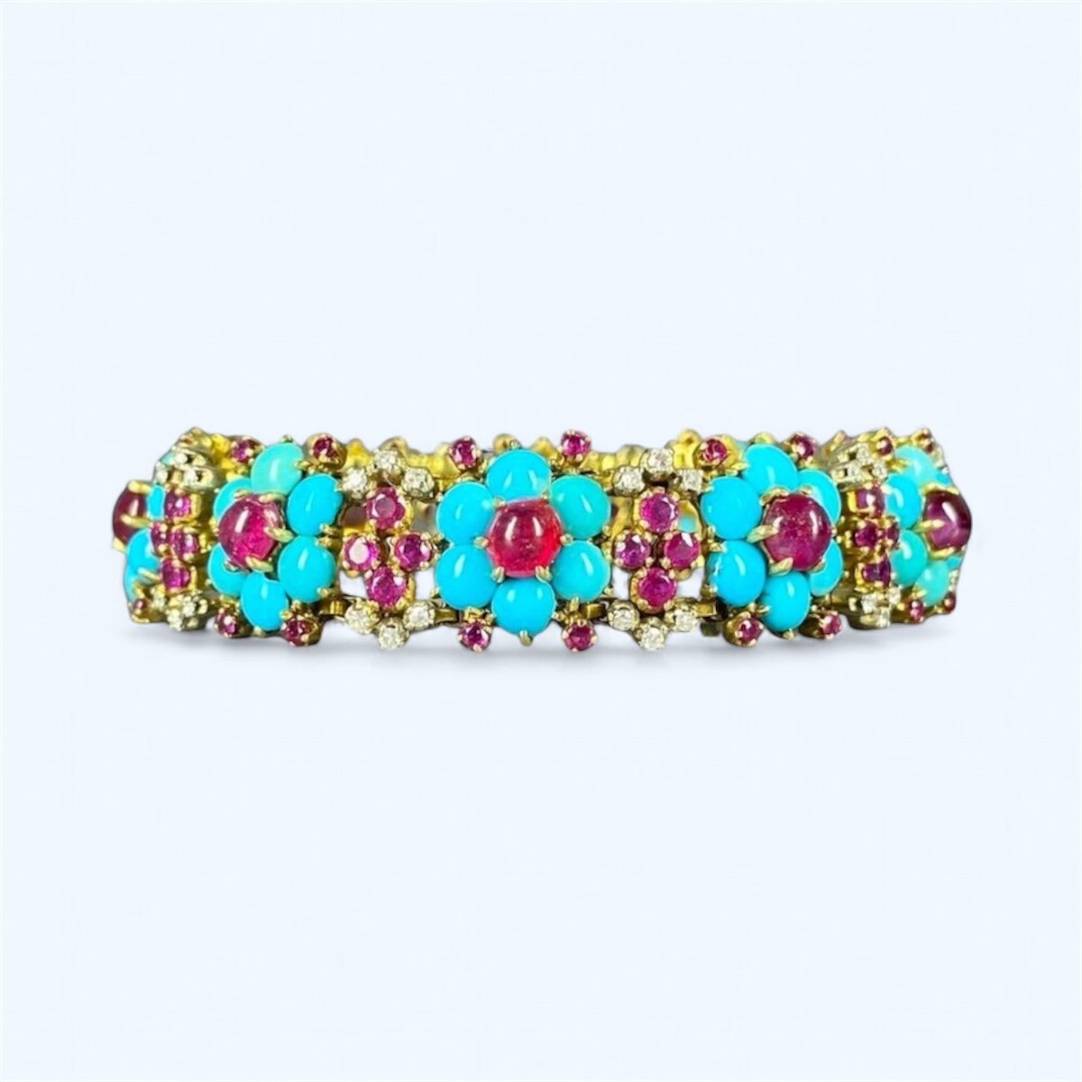 Vintage Gold, Ruby, Turquoise And Diamond Bracelet