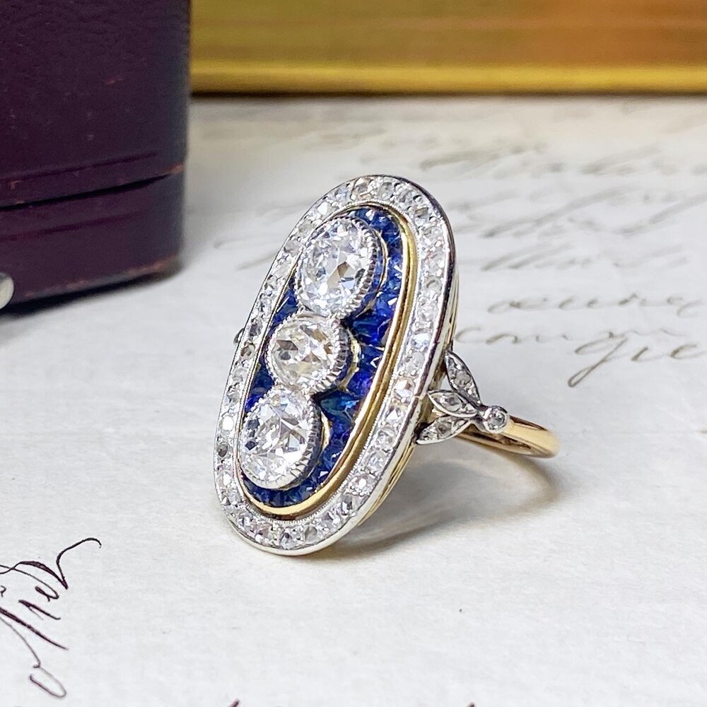 Bague Ancienne Or, Platine, Saphirs Et Diamants-photo-2
