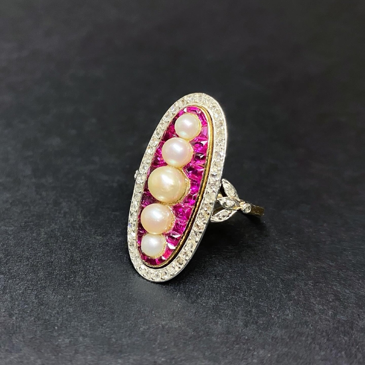 Antique Belle Epoque Ring In Gold, Rubies, Diamonds And Pearls-photo-3