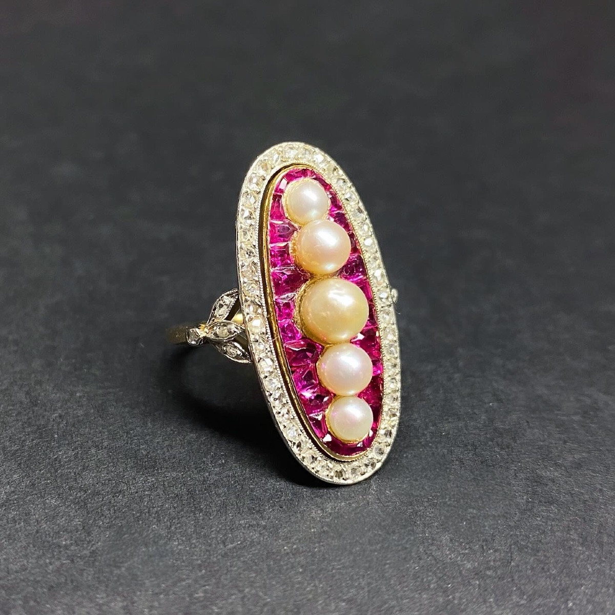 Antique Belle Epoque Ring In Gold, Rubies, Diamonds And Pearls-photo-4