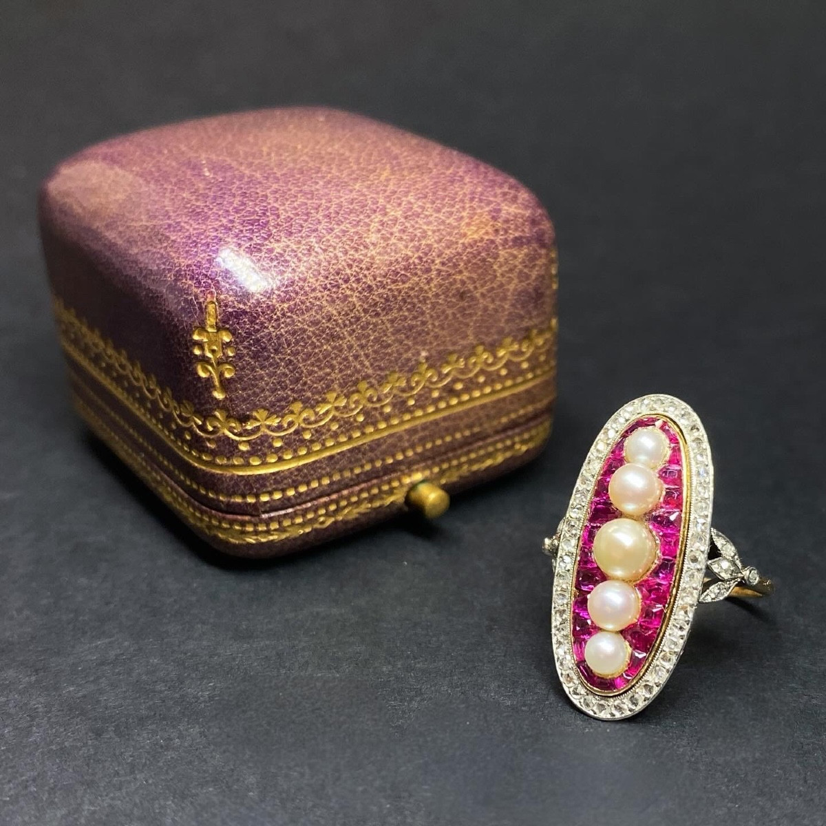Antique Belle Epoque Ring In Gold, Rubies, Diamonds And Pearls