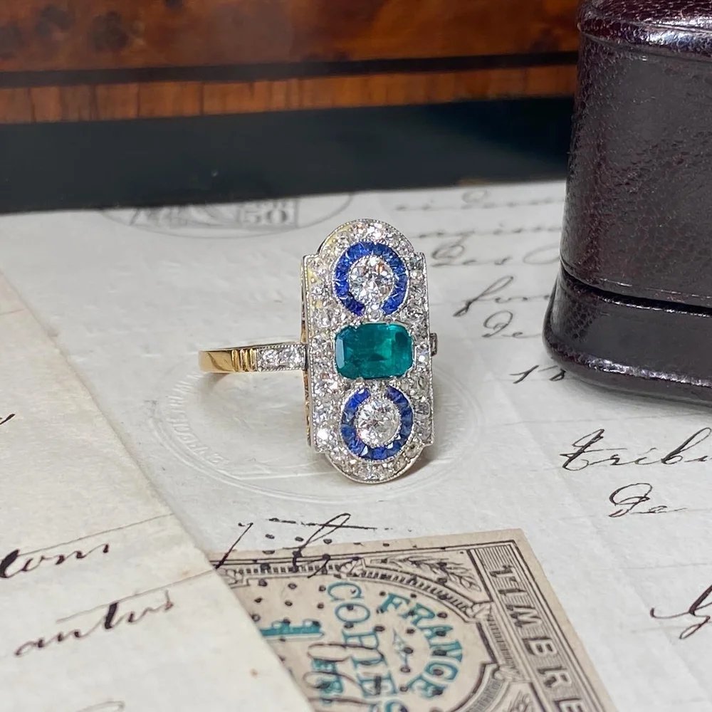 Bague art déco en or, saphirs, émeraude et diamants-photo-2