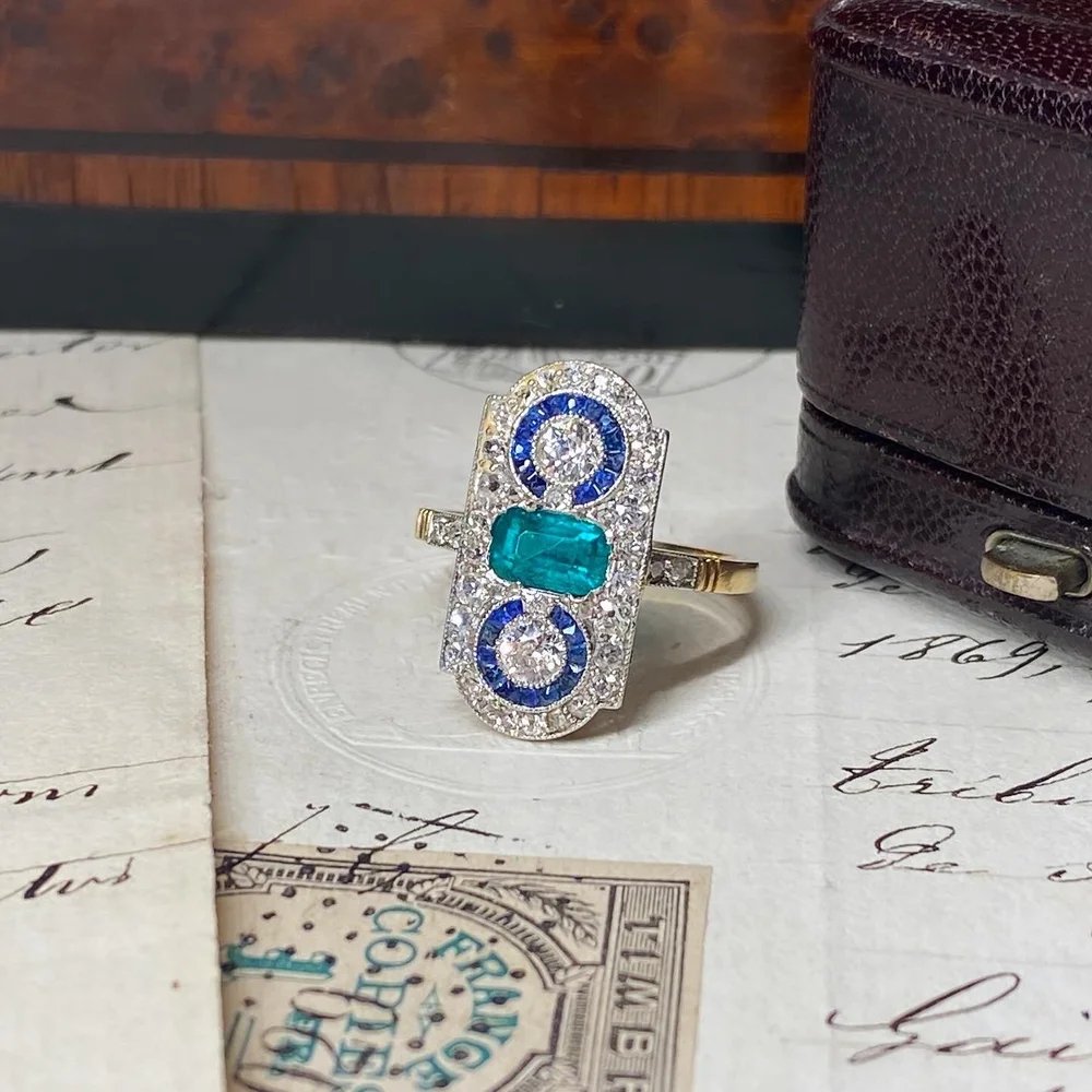 Bague art déco en or, saphirs, émeraude et diamants-photo-3