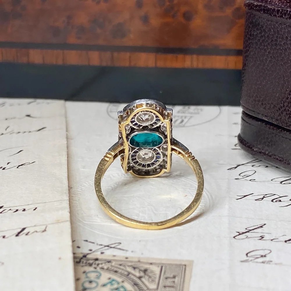 Bague art déco en or, saphirs, émeraude et diamants-photo-2
