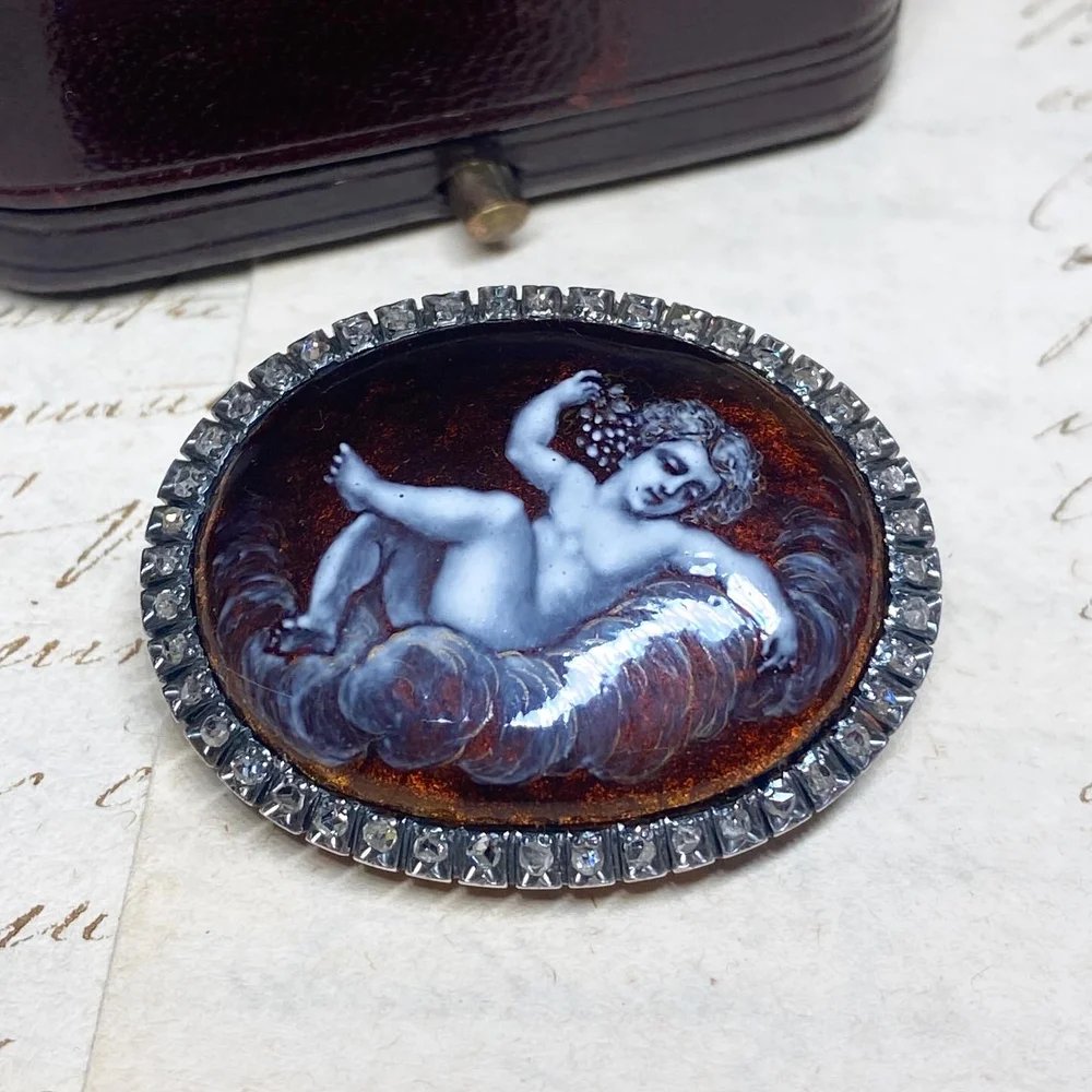 Broche ancienne en or, argent, diamants et émaille-photo-1