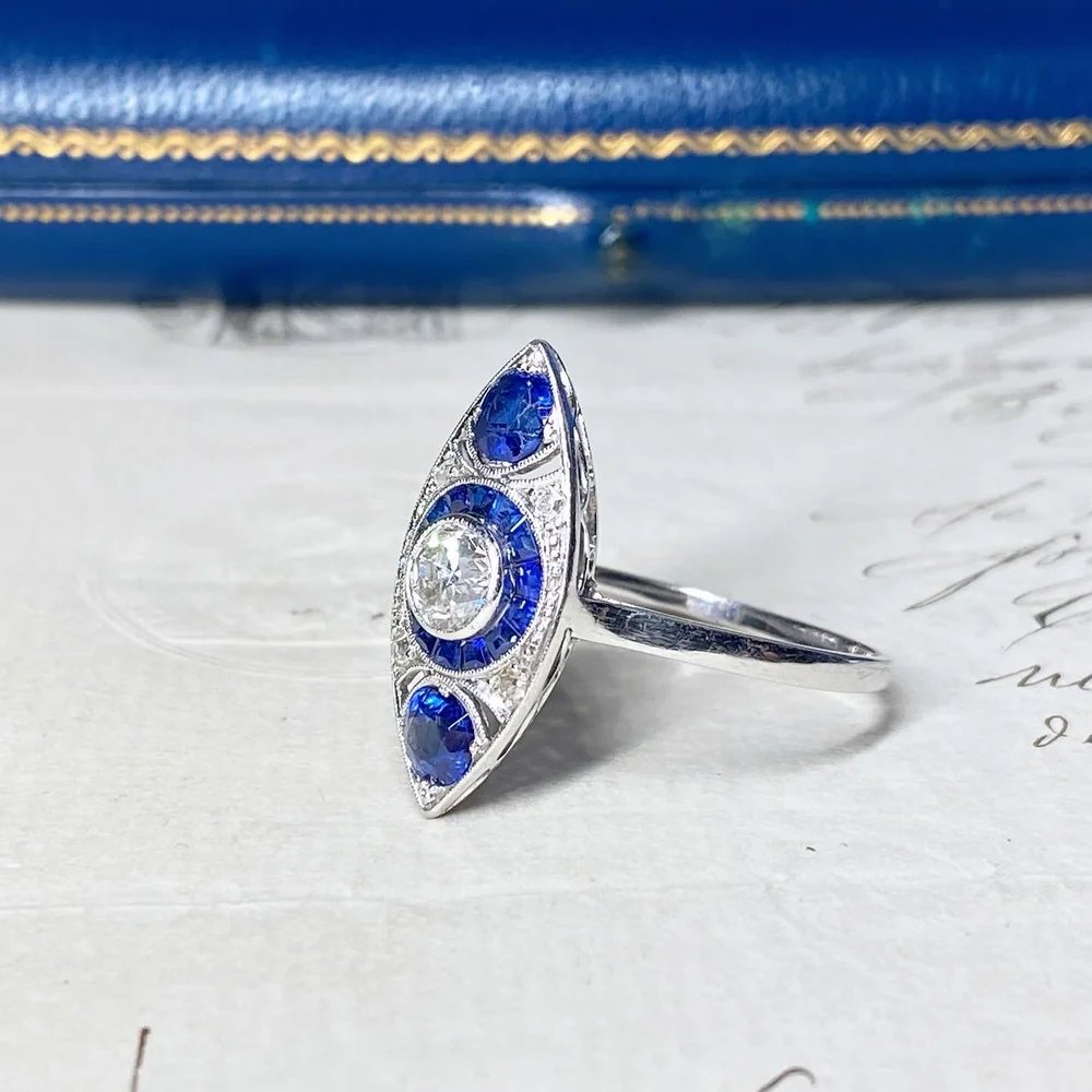 Bague art déco en platine, saphirs et diamants-photo-3