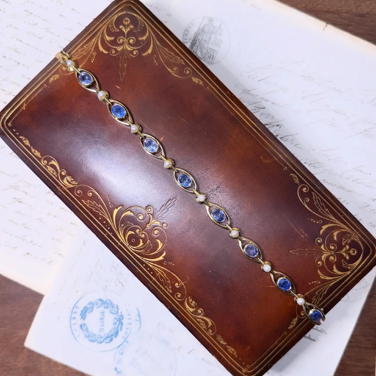 Bracelet ancien en or, saphir et perle-photo-4