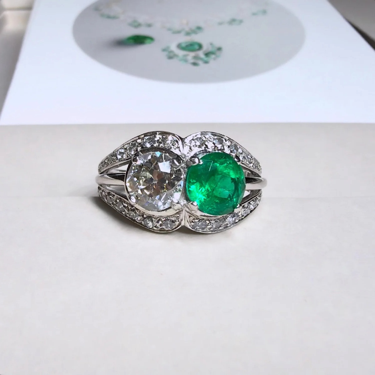 Vintage Platinum, Diamond And Emerald Ring