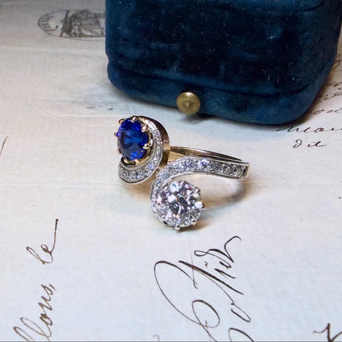Antique Ring In Gold, Platinum, Sapphire And Diamond