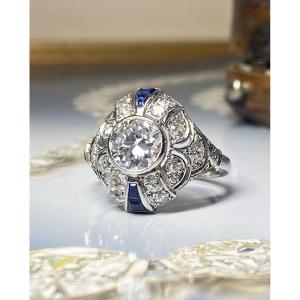 Bague Art Déco En Platine, Diamants Et Saphirs