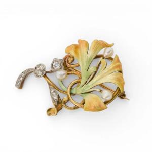 Broche art nouveau en or, perle et diamants