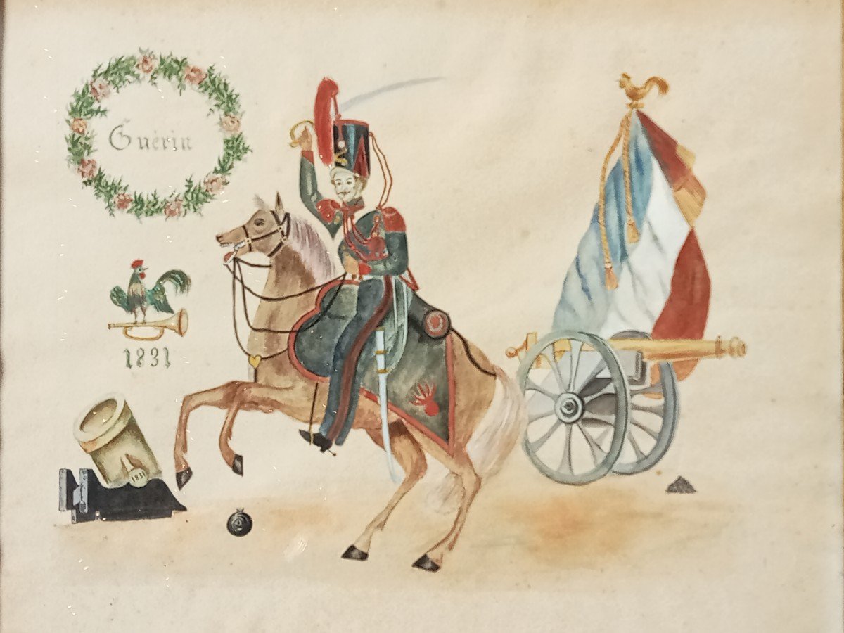 Watercolor Drawing Of The Time, Souvenir Of Horse Artillery Guérin In 1831, Louis-philippe, 19th-photo-1