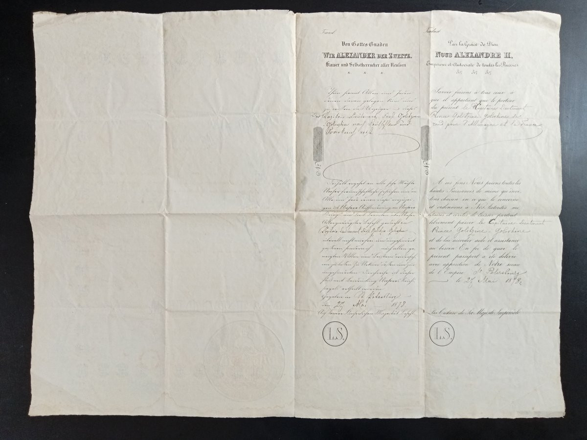 Document, passeport, laissez-passer russe daté 1878 pour le Prince GOLITZINE, Russie impériale-photo-3