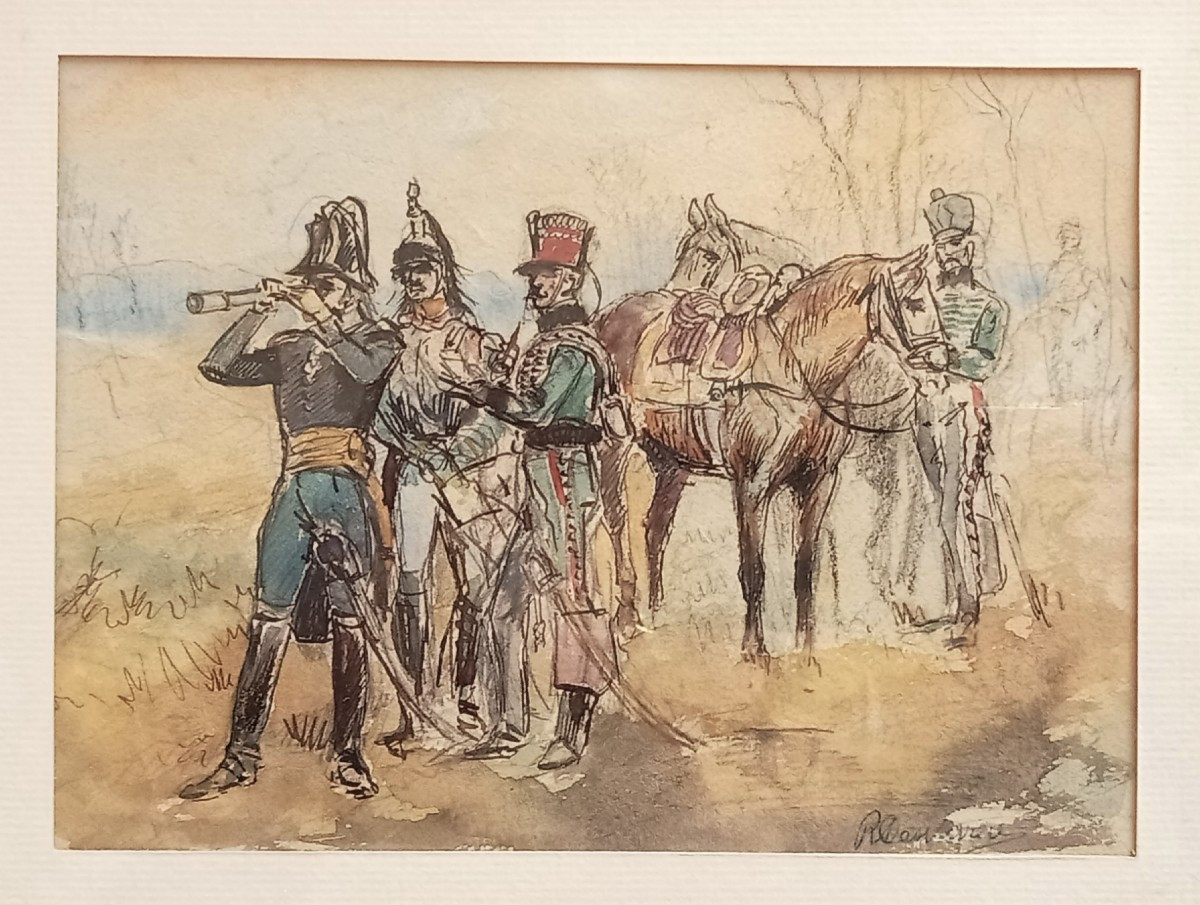 General Of The 1st Empire On The Battlefield, Surrounded By His Officers. Drawing, Signed Study -photo-2