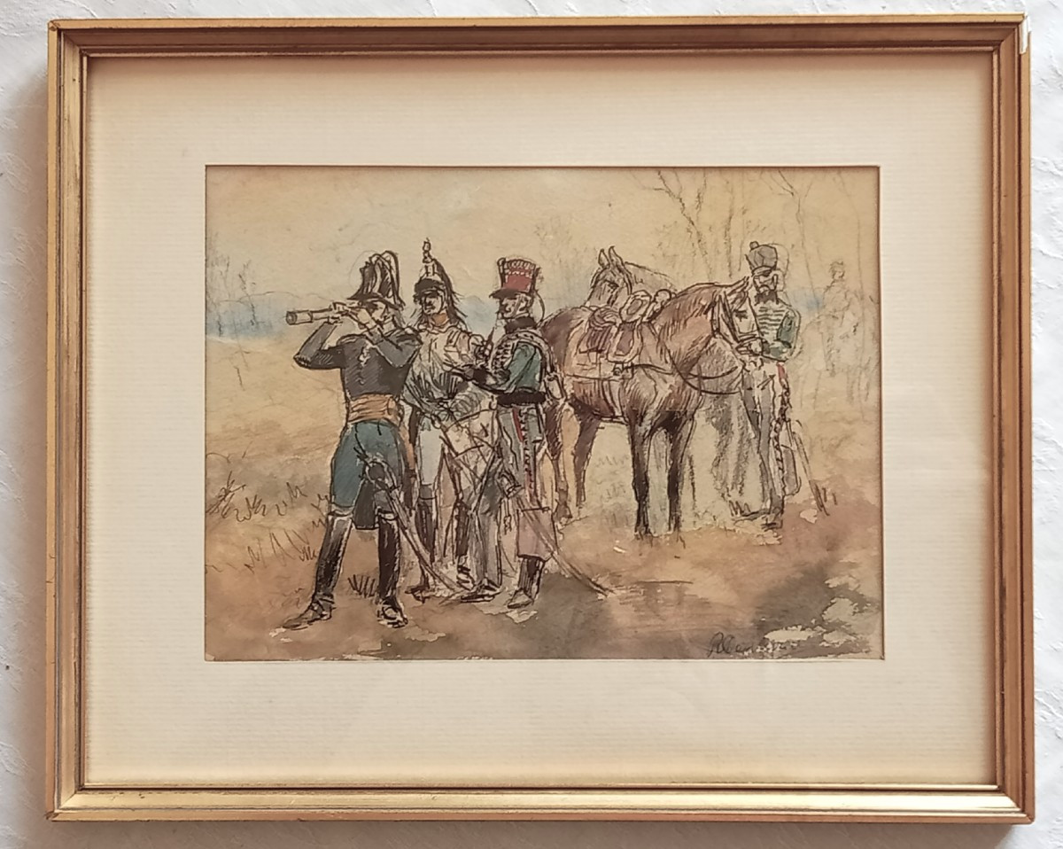 General Of The 1st Empire On The Battlefield, Surrounded By His Officers. Drawing, Signed Study 