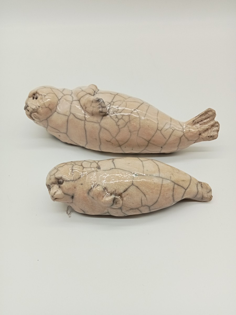 Seal And Her Pup, Raku Ceramic, Sophie Martin, 20th-century Animal Sculptor 