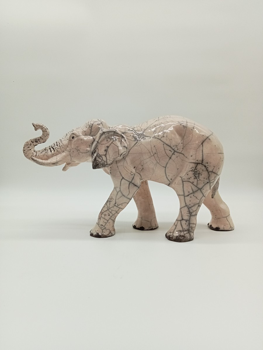 Raku Ceramic Elephant By Sophie Martin, Animal Sculptor, 20th Century 