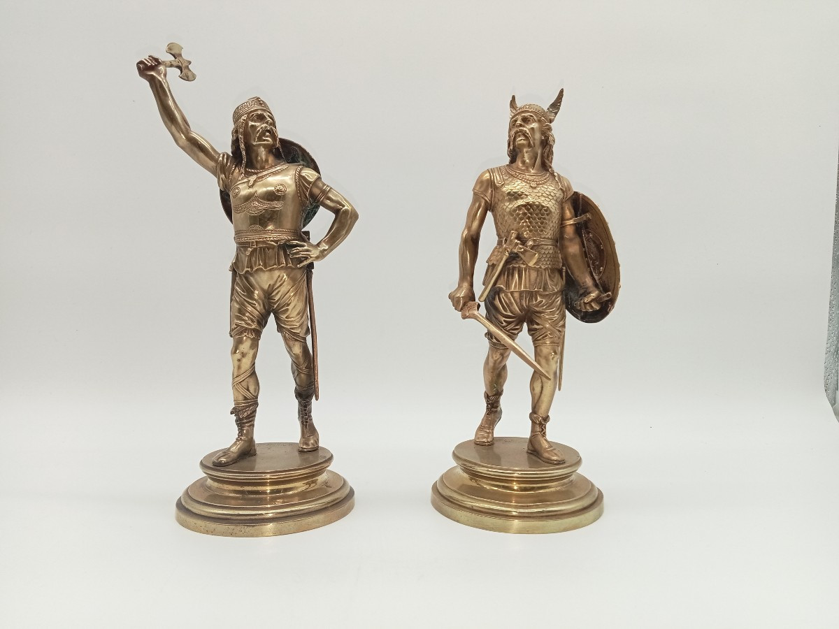 "gallic Warriors," Two Bronze And Gilt Statuettes Signed Guillemin, 19th Century 