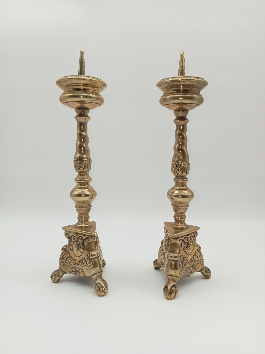 Pair Of Candlesticks, Taper Holders, Saint-laurent In Anstaing, 17th Century 
