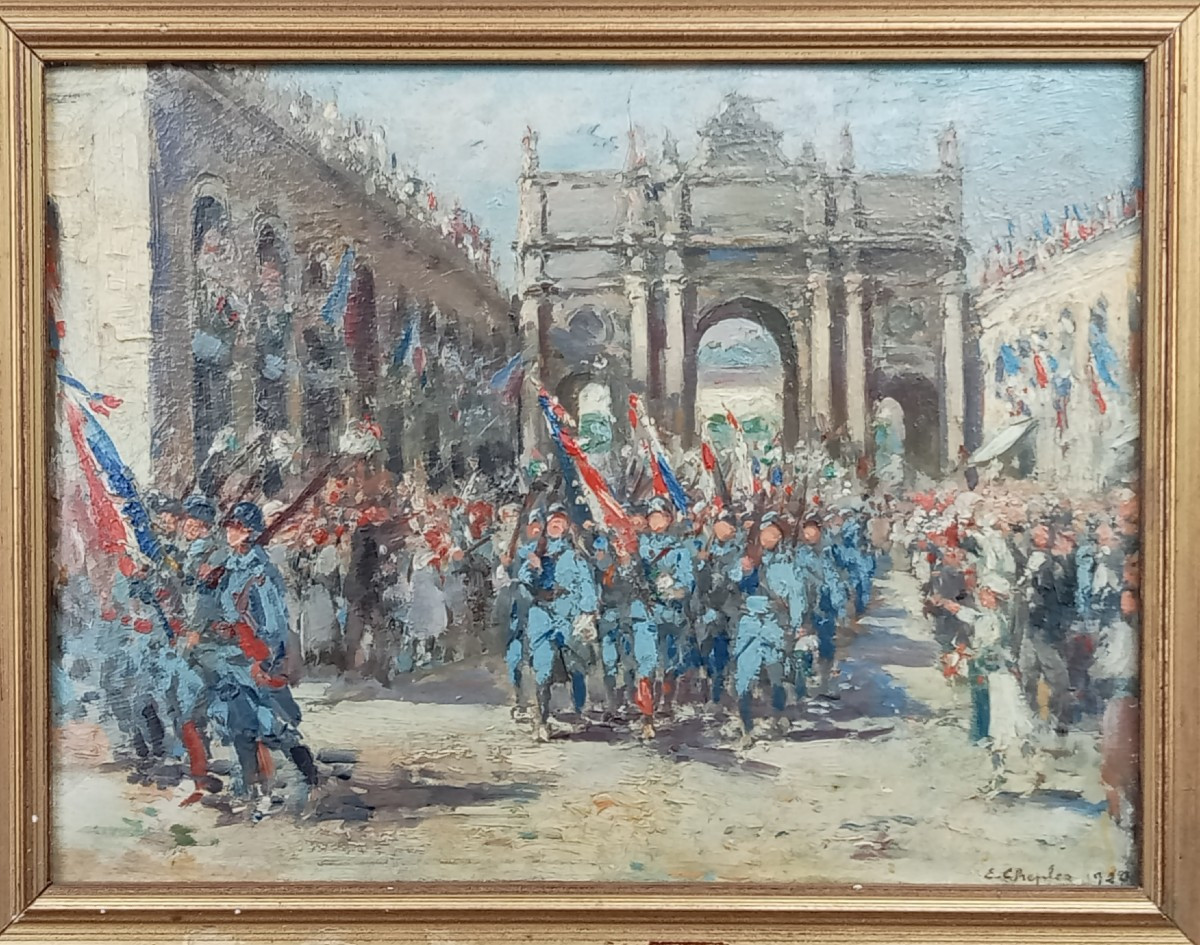 "Défilé de la victoire" porte Héré à Nancy, huile sur carton signée Emile CHEPFER, 1920 14-18-photo-1