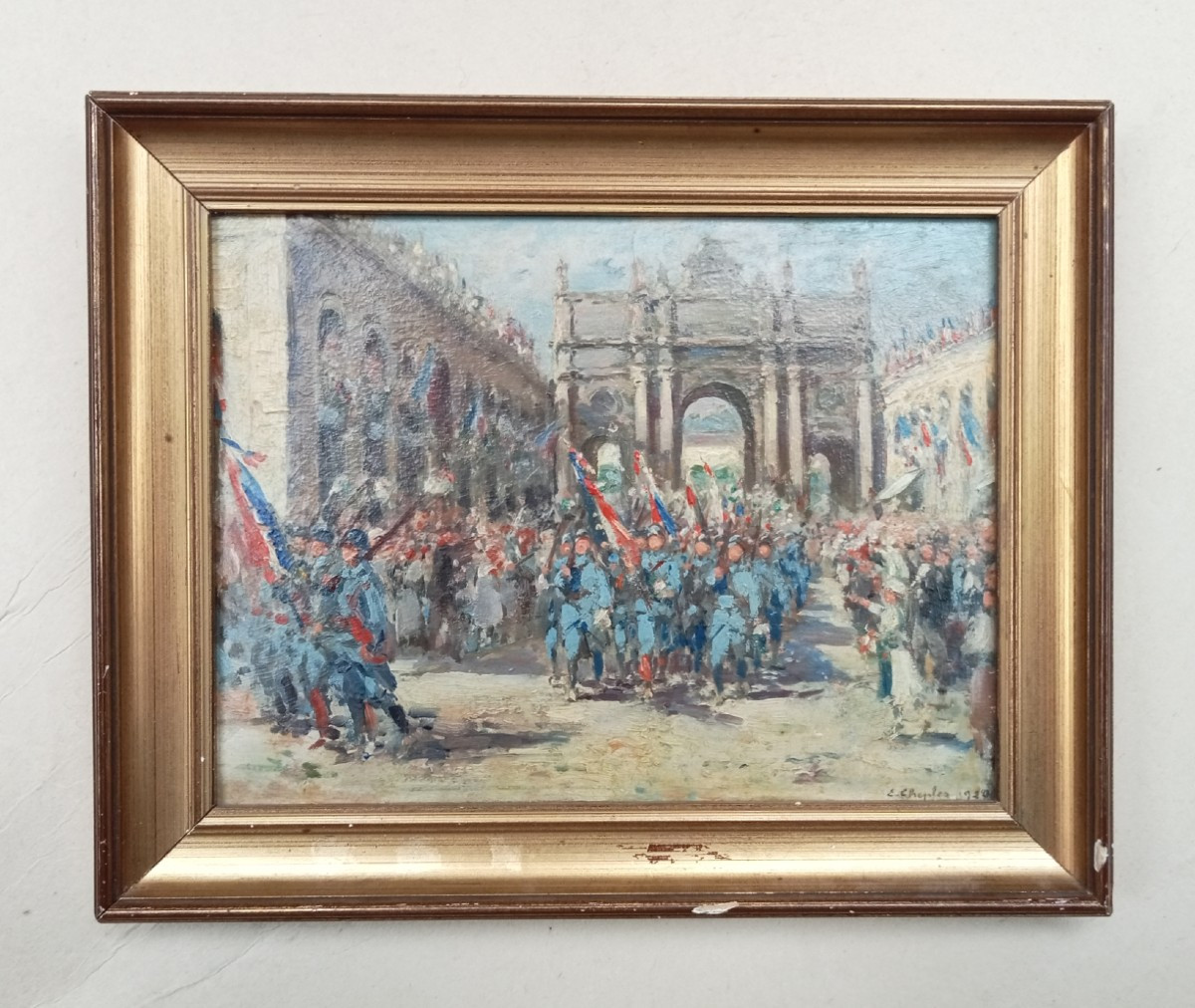 "Défilé de la victoire" porte Héré à Nancy, huile sur carton signée Emile CHEPFER, 1920 14-18