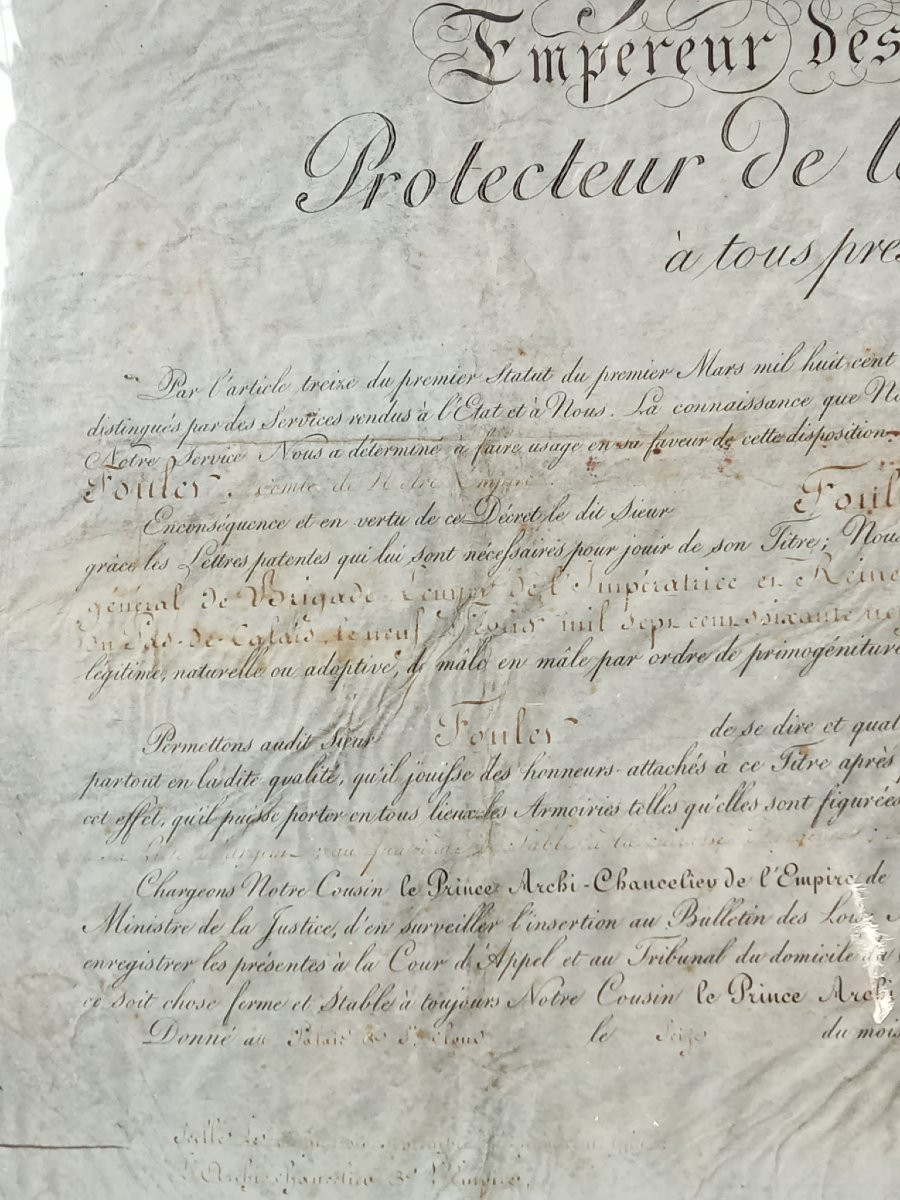 First Empire Patent Of Count For General Fouler, Equerry To The Empress, Signed Napoleon -photo-1