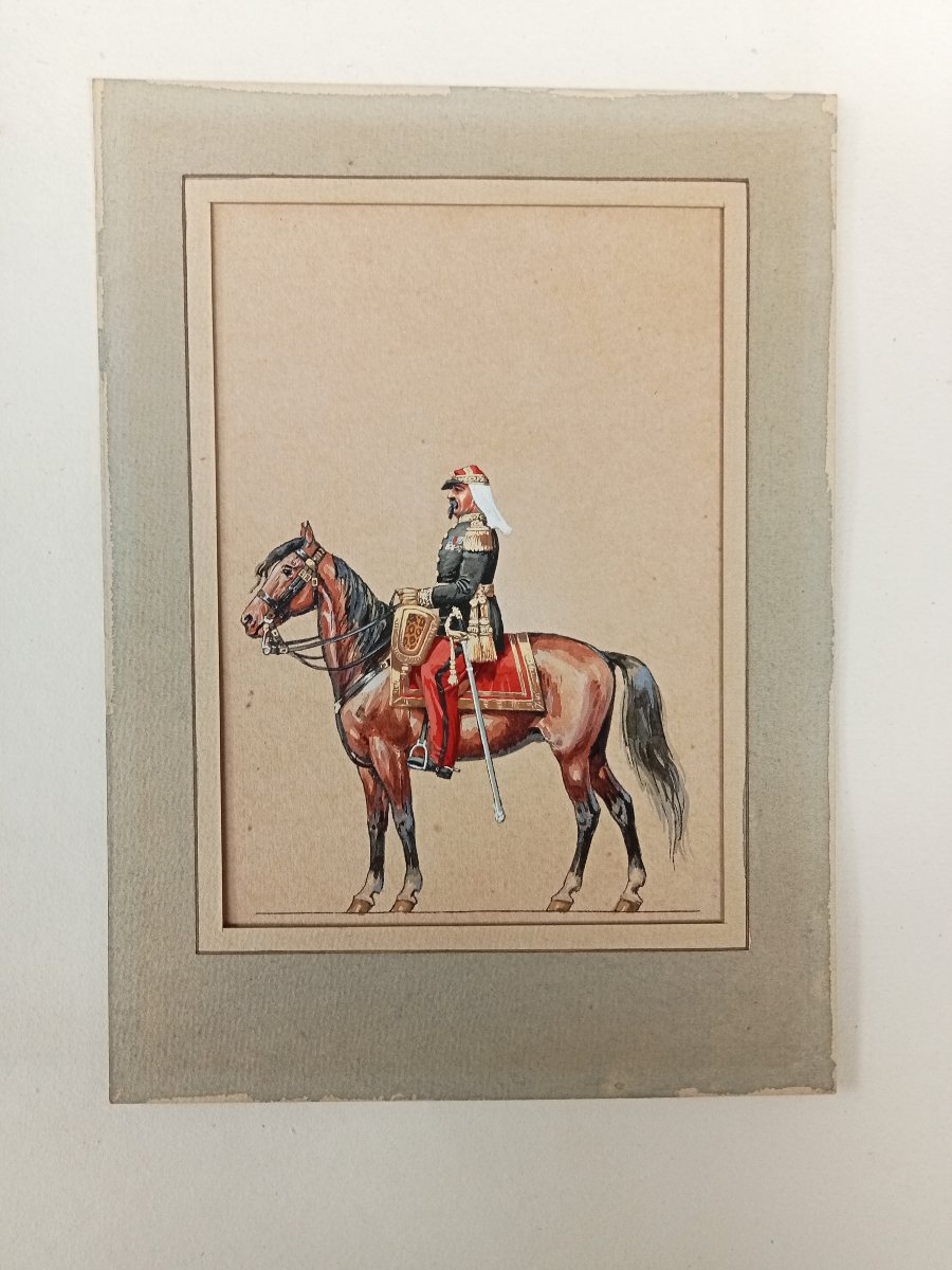 General In Second Empire Uniform, On Horseback; Watercolor By Lucien Rousselot, 20th-photo-2