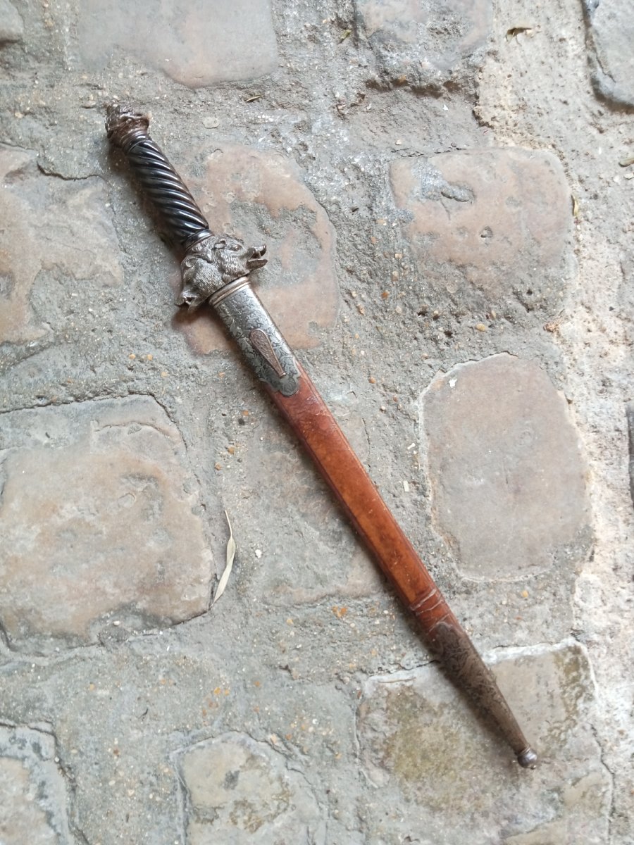 Dague de chasse à têtes de hures de sangliers garnitures en acier signée BARRE, Paris, 19e-photo-4