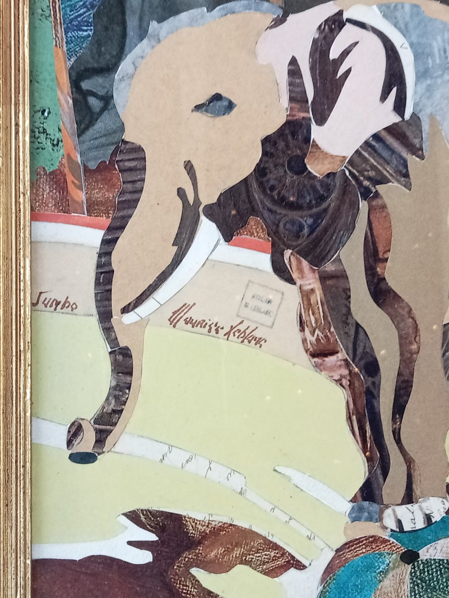 Éléphant "Jumbo", technique de collage, signée et cachet Maurice LEBLANC (1898-1947), début 20e-photo-2