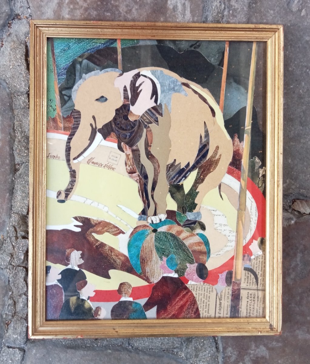 Éléphant "Jumbo", technique de collage, signée et cachet Maurice LEBLANC (1898-1947), début 20e