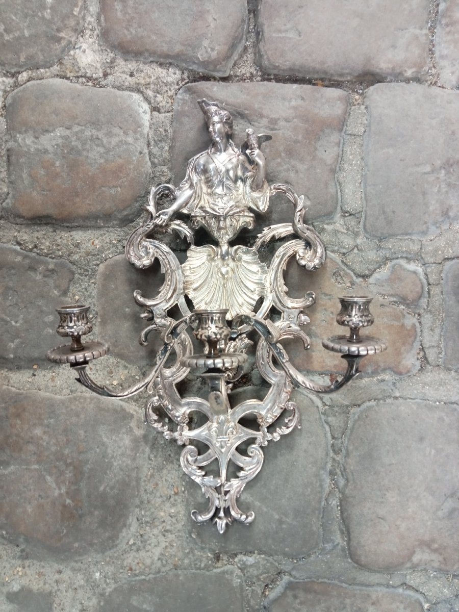 grandes appliques en bronze argenté à trois bras de lumière style Régence, fleurs de lys, 19e-photo-4