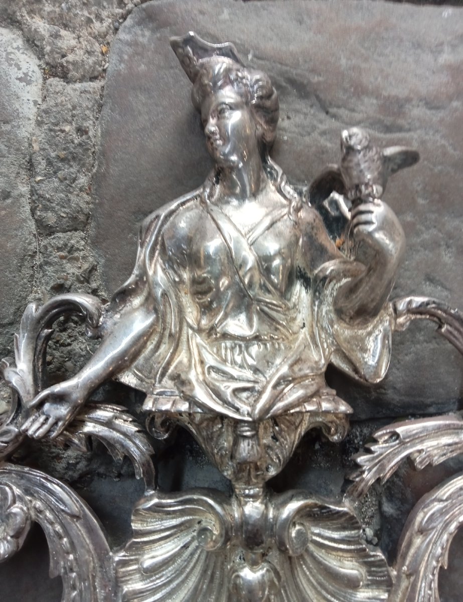 grandes appliques en bronze argenté à trois bras de lumière style Régence, fleurs de lys, 19e-photo-2